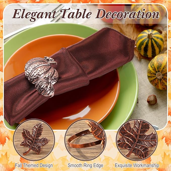 Remerry 8 Pcs Thanksgiving Napkin Ring Harvest Fall Leaf Pumpkin Holders Retro - Image 3