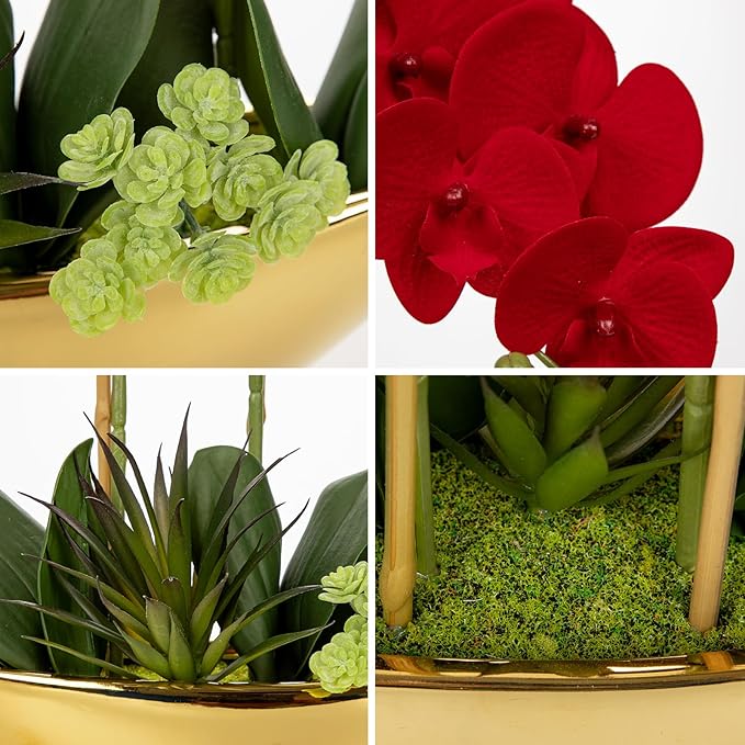 Briful Orchid Artificial Flowers 17in Red Fake Orchid Silk Flowers in Gold - Image 3