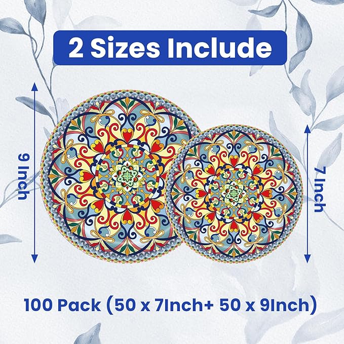 100PCS Boho Paper Plates–Vintage Bohemian Style Disposable Plates, Dessert - Image 2