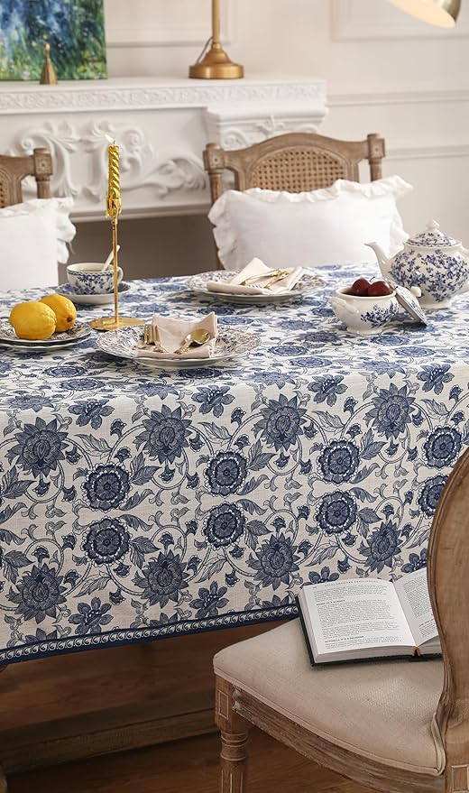 patdrea Designer Vintage Blue Rectangle Tablecloth, Linen Anti-Wrinkle Paisley - Image 6