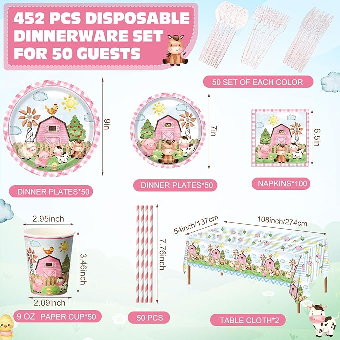 452 Pcs Pink Farm Animal Birthday Decorations - Image 2