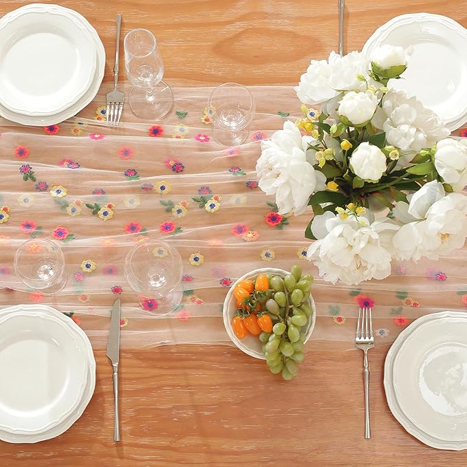 White Embroidery Daisy Fall Table Runner 120Inch 10FT Florals Soft Sheer Tulle - Image 3