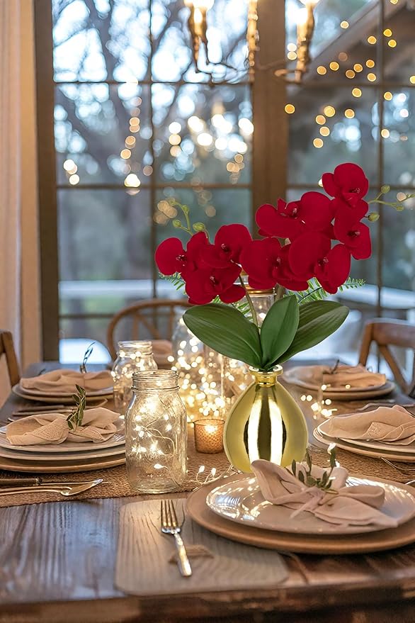 Red Orchids Artificial Flowers, Faux Orchid in Glass Vase Real Touch Small - Image 6