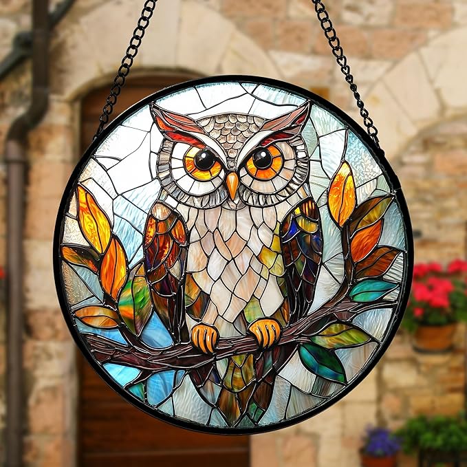 Stained Glass Window Hanging, Owl Colorful Leaves Birds Sun Catchers Diamond - Image 5