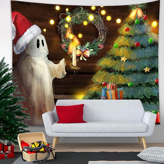 QGHOT Christmas Tapestry Wall Hanging Christmas Tree Backdrop Cute Ghost Wall - Image 2