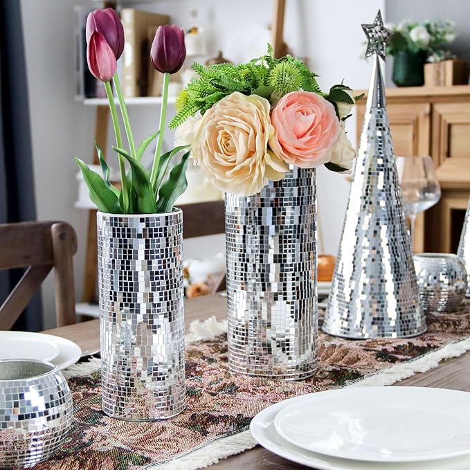 WDHODEC Disco Vase for Flowers 2 PCS Glass Mirror Vases for Living Room - Image 3