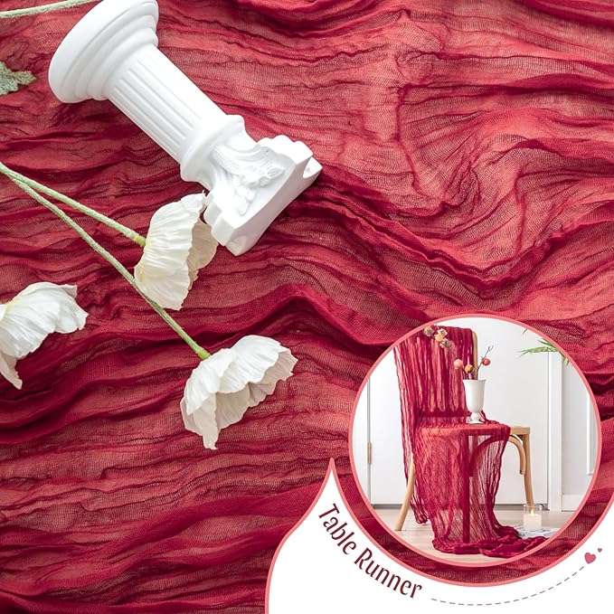 Sioloc Burgundy Red Cheesecloth Table Runner Fall Autumn Decor - Image 4