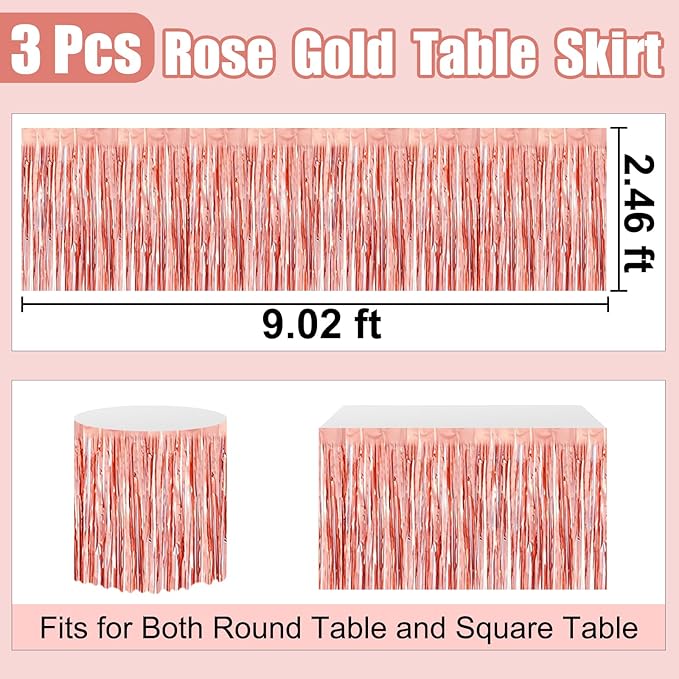 3 Pack 29 x108 Inch Rose Gold Foil Fringe Table Skirts Metallic Banner - Image 2