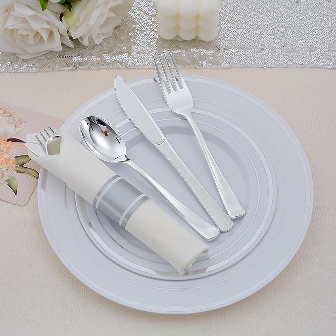100 Pack Pre Rolled Silver Plastic Silverware Set - Image 5