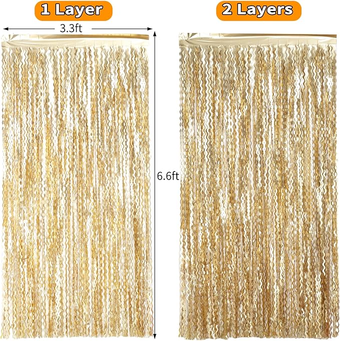 4 Pack Wavy Champagne Gold Metallic Tinsel Foil Fringe Curtains Backdrop - Image 6