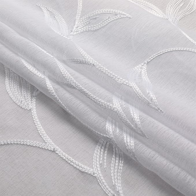 VISIONTEX White Sheer Voile Curtains, Decorative White Embroidery Faux Linen - Image 7