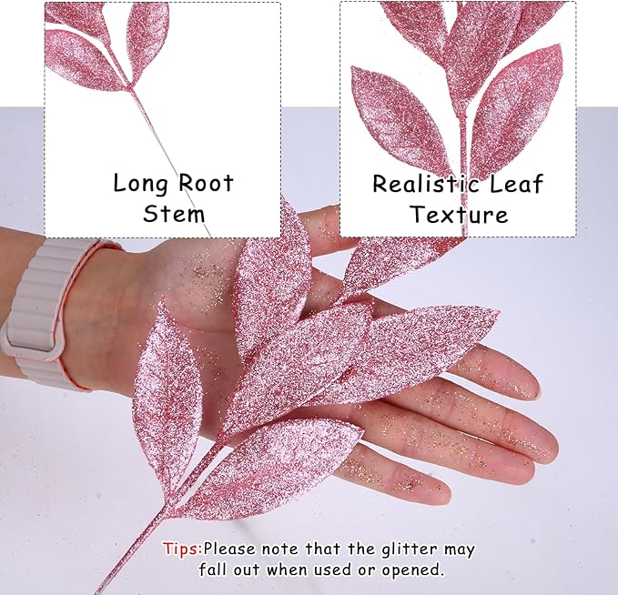 GREENTIME 12 Pack Artificial Pink Glitter Leaves 13" Fake Christmas Picks - Image 2
