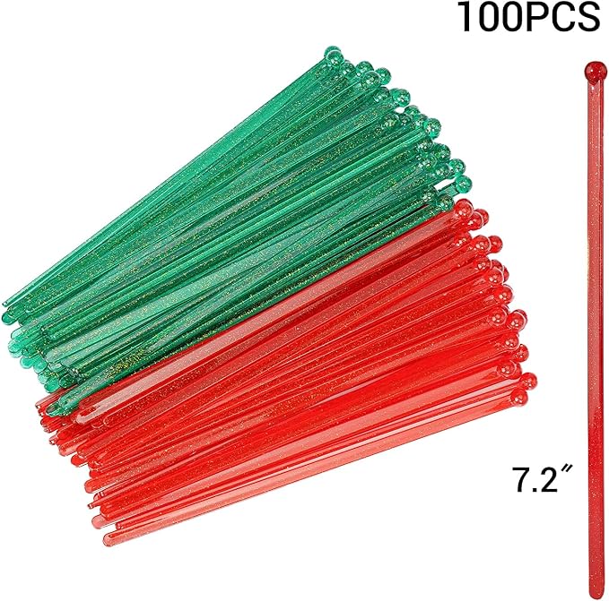 100-PCS Christmas Green and Red Glitter Plastic Swizzle Sticks, Crystal Cake - Image 6