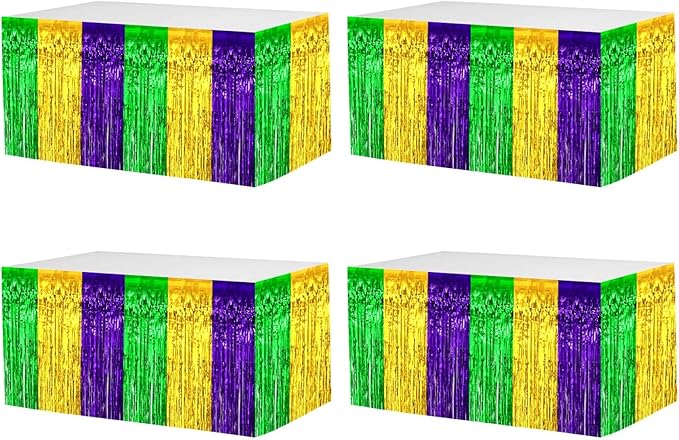 4 Pack 29x108 Inch Mardi Gras Metallic Foil Fringe Tinsel Table Skirts by Clayghsen