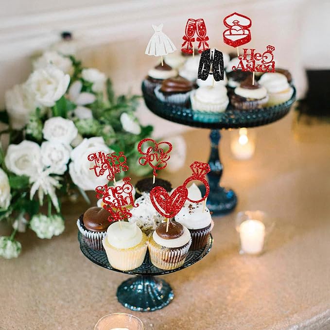 Gyufise 30Pcs She Said Yes Cupcake Toppers Glitter Diamond Ring I Do Love - Image 4