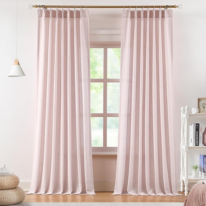 Vision Home Soft Pink Pinch Pleated Semi Sheer Curtains Textured Linen Blended by VisionHome