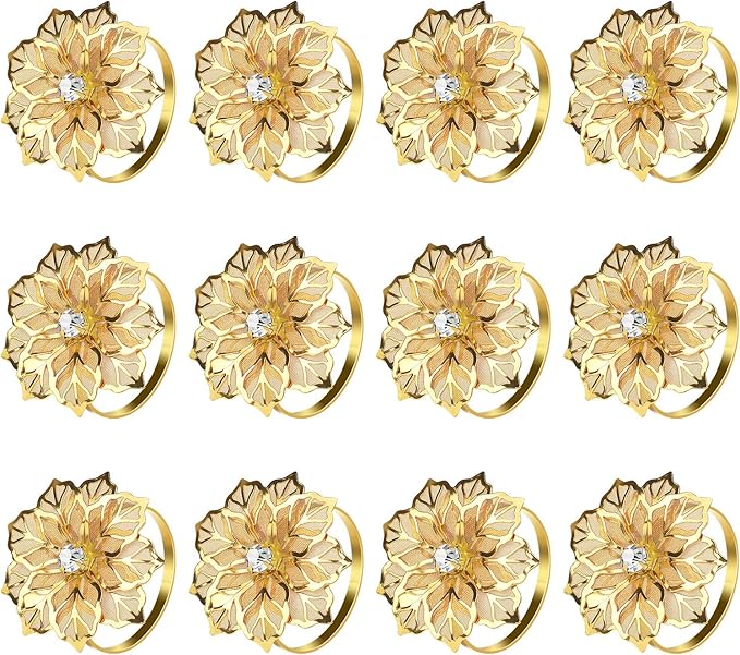 KPOSIYA Flower Napkin Rings Holder Metal Gold Napkin Rings Set of 6 by KPOSIYA