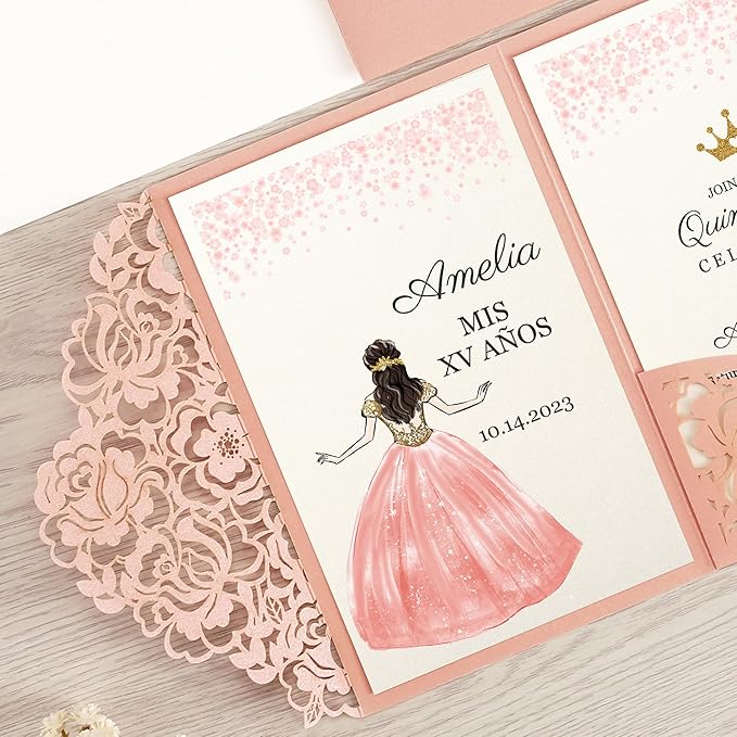 DORIS HOME 50pcs Laser Cut Quinceanera Invitations Pink, 4.7x7.1 Personalized - Image 5