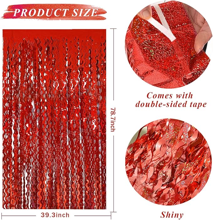 Red Streamers Tinsel Foil Fringe Curtains Wavy - Image 2