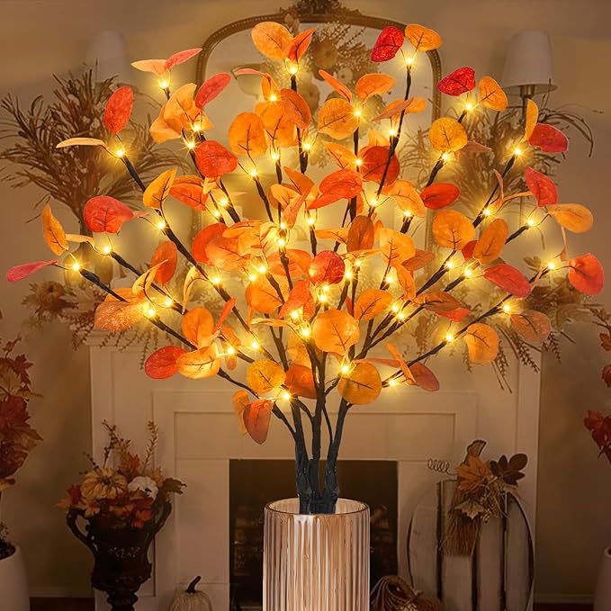 3Pcs Lighted Eucalyptus Leaves Branches, 30” Timer Fall Eucalyptus Stems by Phliofd