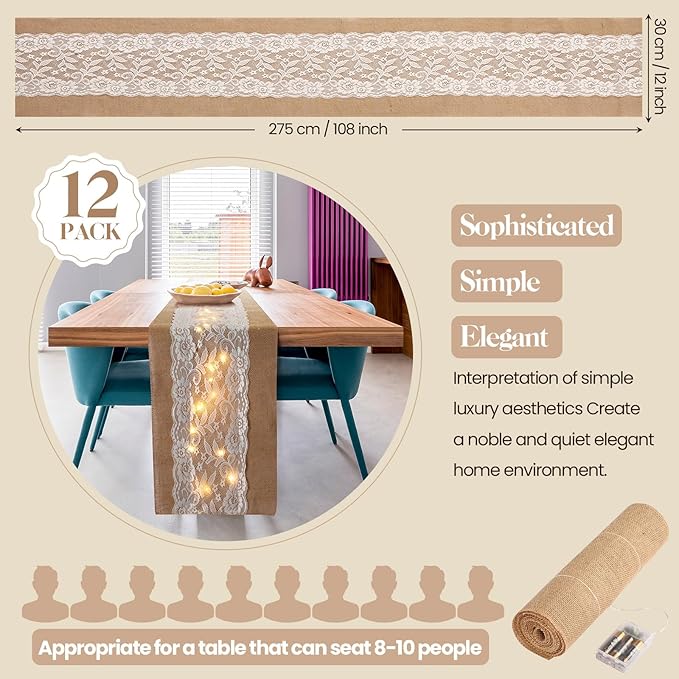 Tudomro 12 Pcs Burlap Table Runner - Image 2