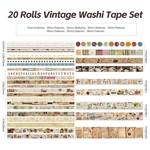 20 Rolls Vintage Washi Tape Set, Floral Letter Butterfly Mushroom Botanical - Image 4