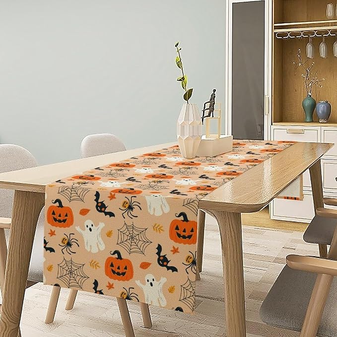 Halloween Table Runner, Cute Ghost Pumpkin Leaves Table Runner - Image 2