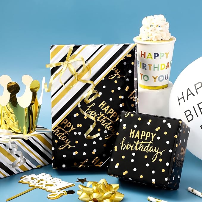 LeZakaa Reversible Black Birthday Wrapping Paper Roll - Image 5