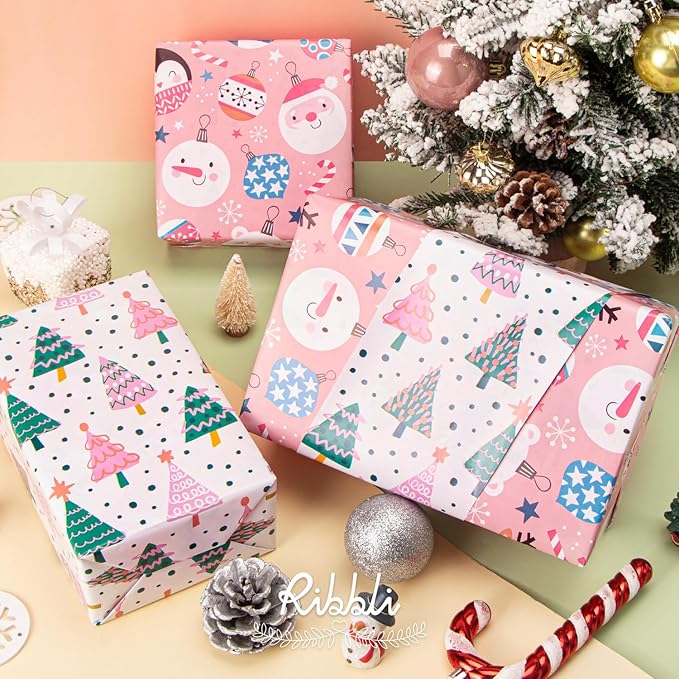 Ribbli Pink Christmas Wrapping Paper Reversible Cute Christmas elements Gift - Image 4