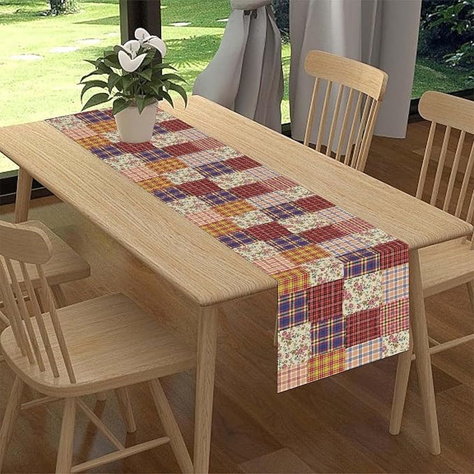 Patchwork Table Runner, Boho Vintage Floral Checkered Plaid Bohemian Paisley - Image 3