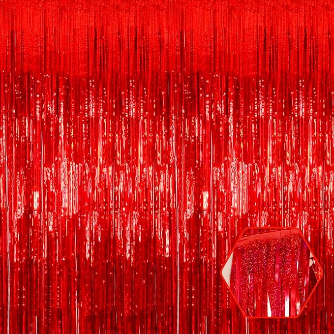 6 Pack Red Foil Fringe Curtain Backdrop, 3.28Ft x 8.2Ft Metallic Tinsel Foil by Ferwzsr