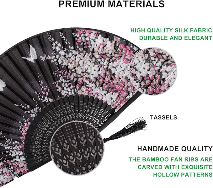 Amajiji 8.27" Hand Held Bamboo Silk Folding Fan Hand Fan, Chinese/Japanese - Image 4