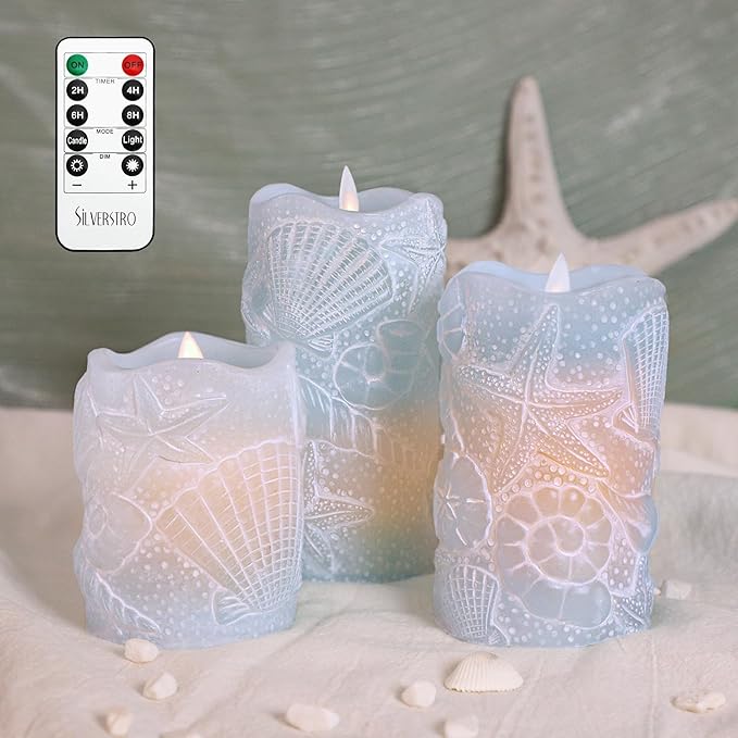 Silverstro Ocean Flameless Candles Remote Carved Seashell Real Wax Flicker - Image 2