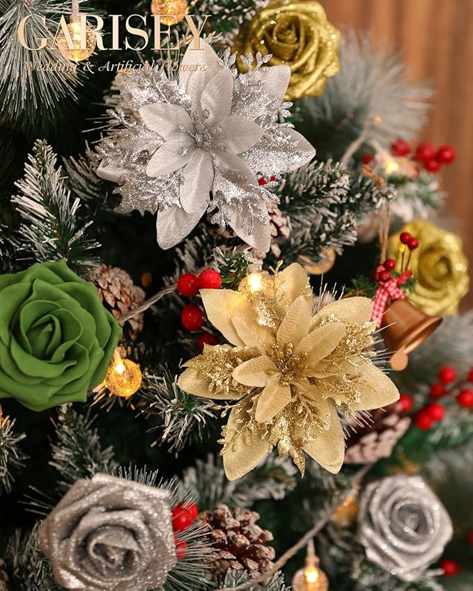 Christmas Artificial Flowers Poinsettia Flower Mix Silk Flowers Fake Roses - Image 4