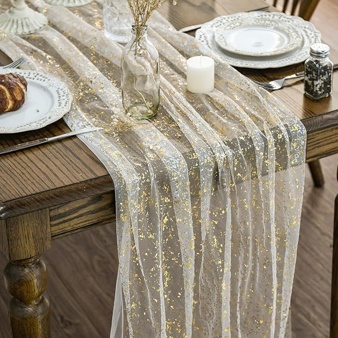 Artoid Mode Beige Gold Gauze Table Runner 120 Inch 10FT, Glitter Metallic Foil by ArtoidMode