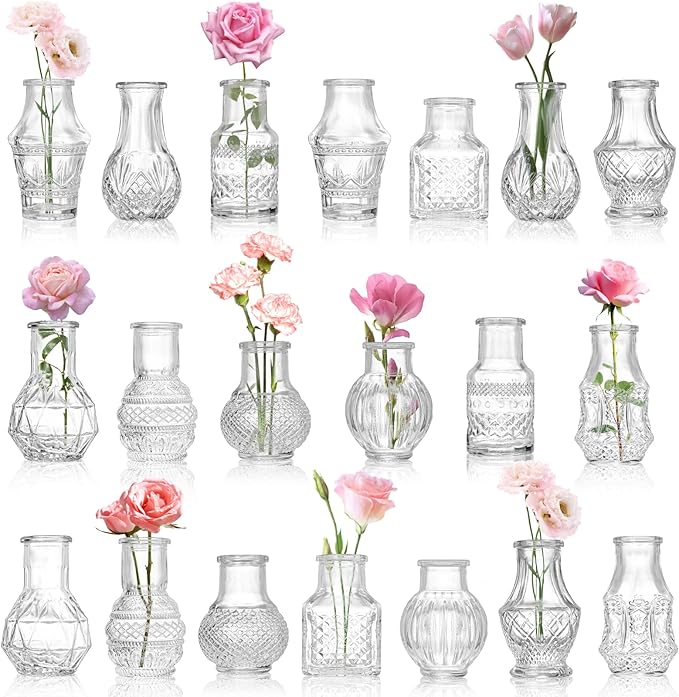 Tebery 20 Pack Glass Bud Vases, Vintage Mini Glass Vase Set Bulk by Tebery