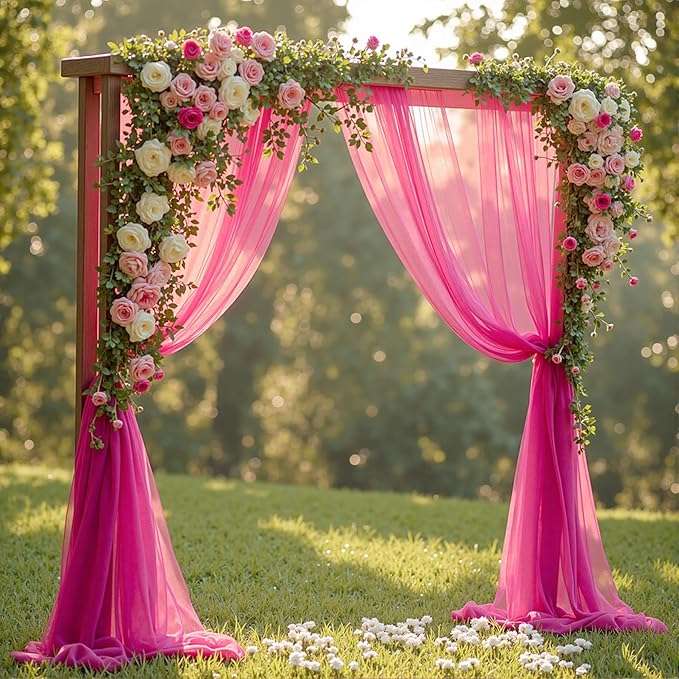 Wedding Arch Draping Fabric, 2 Panels 18FT Hot Pink Sheer Chiffon Curtain - Image 4