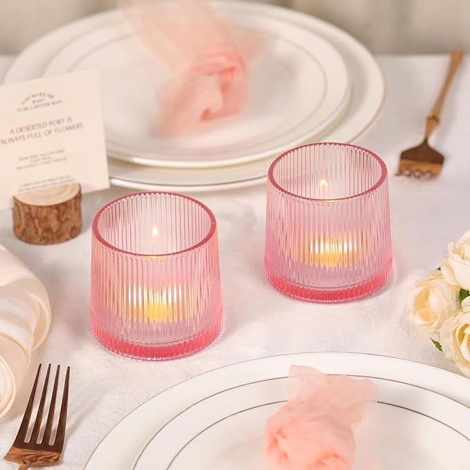 Pink Ribbed Tealight Votive Candle Holders Set of 10- Votive Candle Holders - Image 4