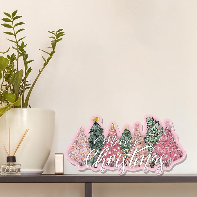 CGBHW Pink and Green Christmas Tree Wooden Sign, Merry Christmas Decoration - Image 4
