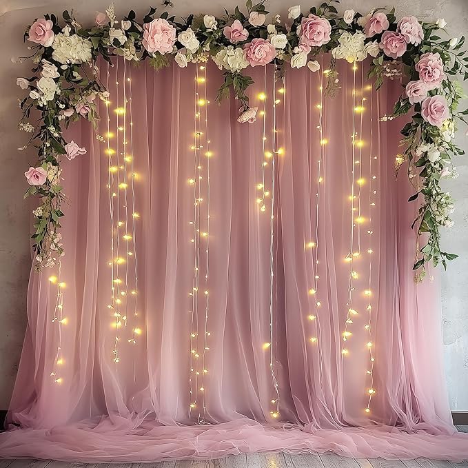 Tulle Backdrop Curtain with Lights String 10FT X 10FT Dusty Rose Sheer Tulle by Xiomot