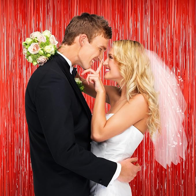 Red Tinsel Backdrop, Engagement Wedding Photo Backdrop Party Decorations - Image 2