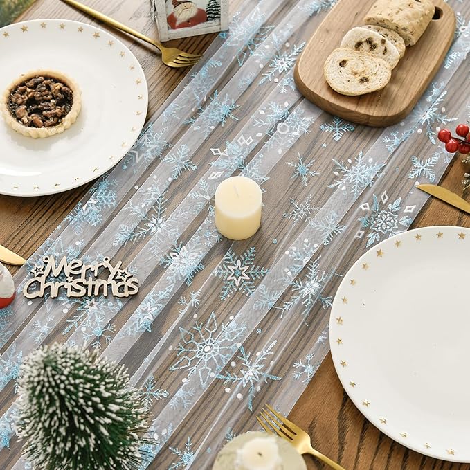 Artoid Mode Blue Snowflakes Merry Christmas Gauze Table Runner 120 Inch 10FT - Image 4