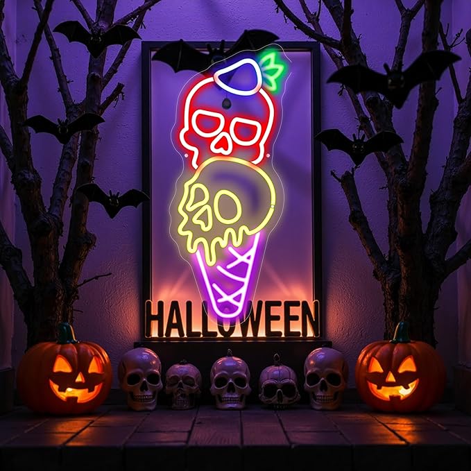 Halloween Ice Cream Skull Neon Sign, Quirky Gothic LED Wall Art, Skull Neon by Mingxigo