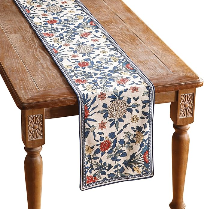 patdrea Designer Blue Cottage Rustic Floral Patterned Linen Table Runner 71 by Welcometopatdrea