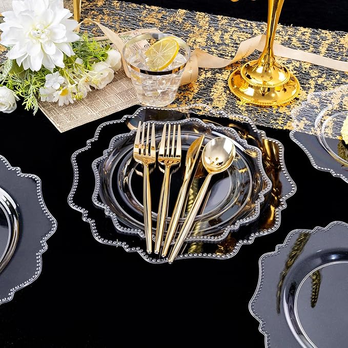 COLOSUS 350pcs Clear Plastic Plates Disposable Gold Cutlery Dinnerware set - Image 4
