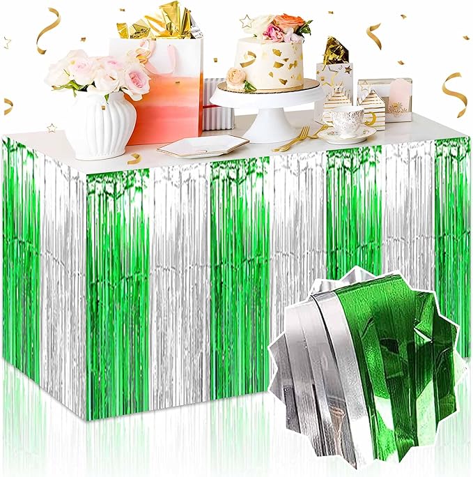 3 Pack 29 x108 Inch Silver Green Foil Fringe Table Skirts Metallic Banner by LANTIANCHEN