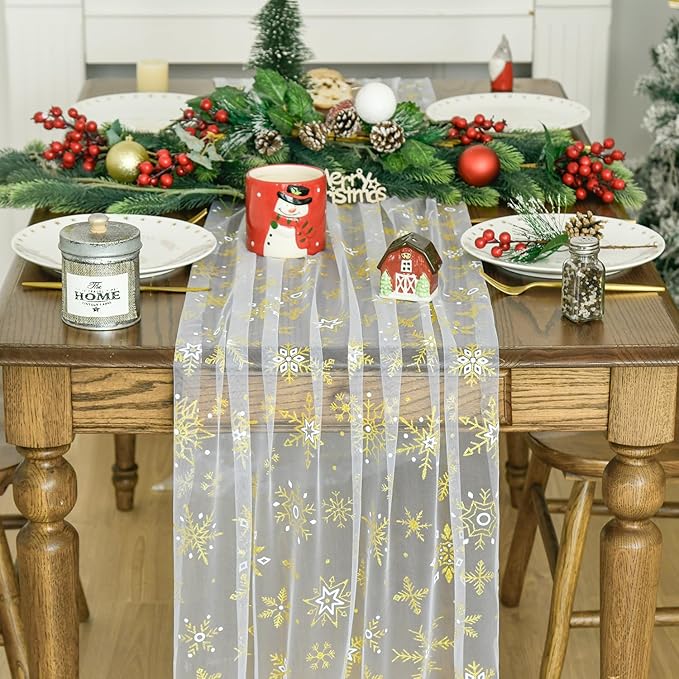 Artoid Mode Gold Snowflakes Christmas Gauze Table Runner 120 Inch 10FT - Image 5