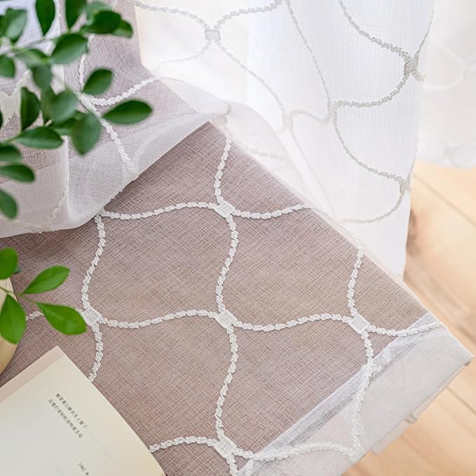 Sheer Curtains White 45 Inches, Wavy Diamond Embroidered Rod Pocket Voile Drapes - Image 6