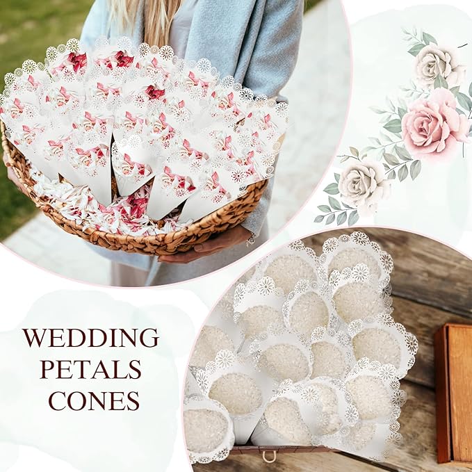 Yinsun 60pcs Wedding Confetti Cones White Hollow Paper Cone, Flower Pattern - Image 5