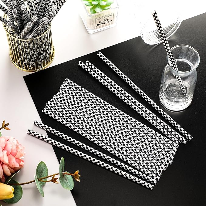Domensi 50 Pcs Black and White Checkered Racing Straws Plastic Disposable - Image 7